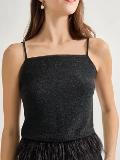 Modern Fit Ostrich Feather Trim Stretch Woven Tank|Misook Outlet