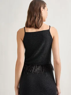 Modern Fit Ostrich Feather Trim Stretch Woven Tank|Misook Outlet