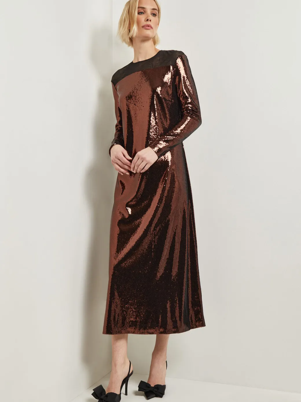 Modern Fit Sheer Shoulder Sequin A-Line Maxi Dress|Misook Fashion