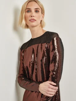 Modern Fit Sheer Shoulder Sequin A-Line Maxi Dress|Misook Fashion