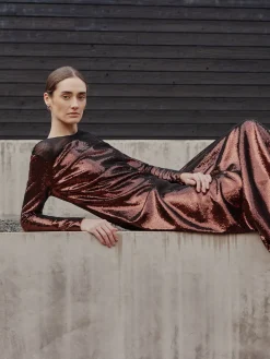 Modern Fit Sheer Shoulder Sequin A-Line Maxi Dress|Misook Fashion