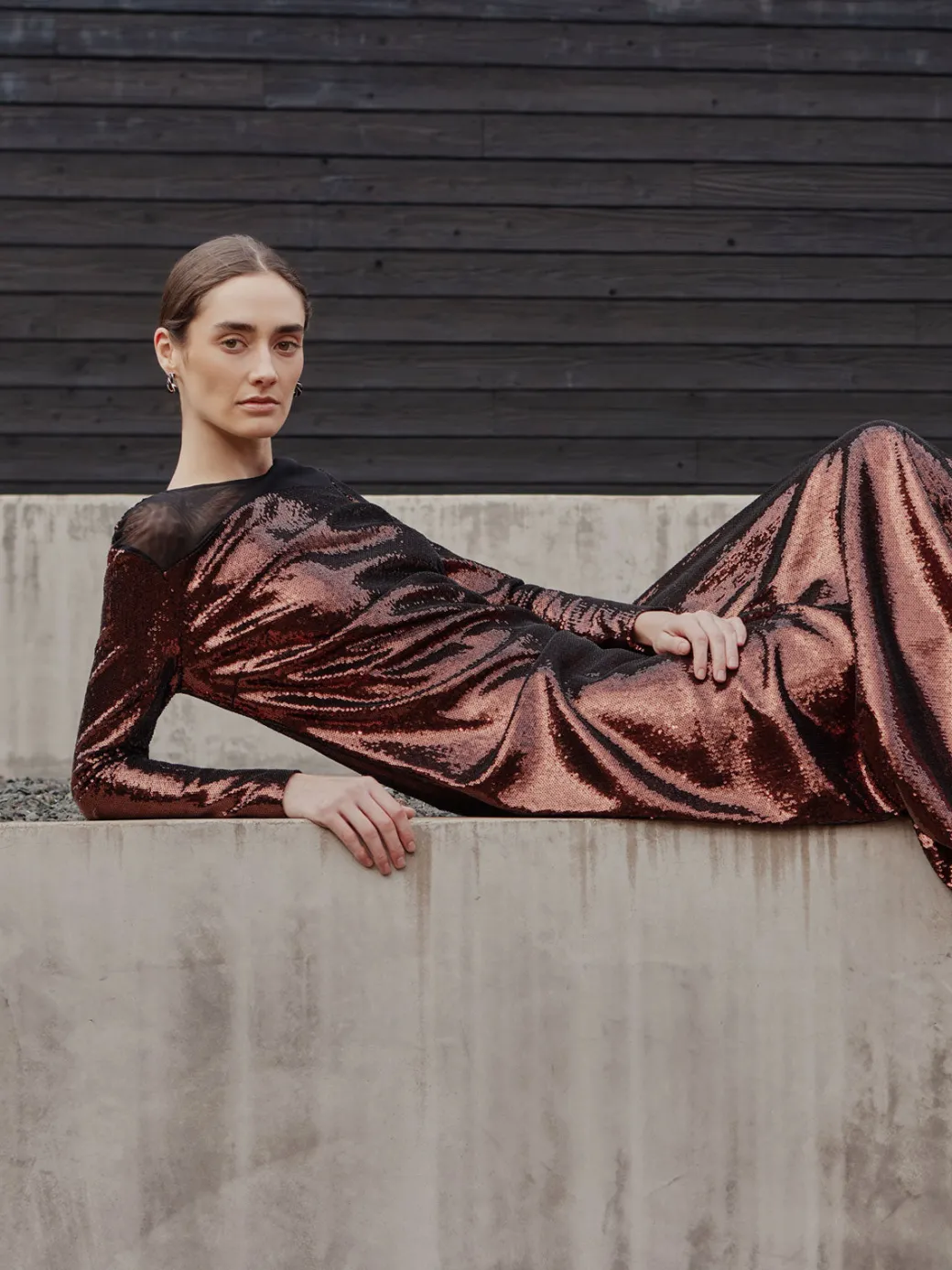 Modern Fit Sheer Shoulder Sequin A-Line Maxi Dress|Misook Fashion