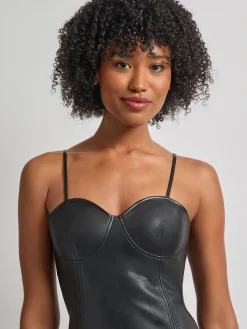 Modern Fit-and-Flare Vegan Leather Princess Seam Maxi Dress|Misook Outlet