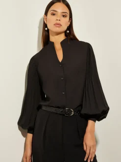 Pleated Bishop Sleeve Stretch Crepe Blouse|Misook Sale