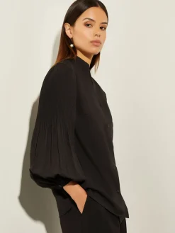 Pleated Bishop Sleeve Stretch Crepe Blouse|Misook Sale