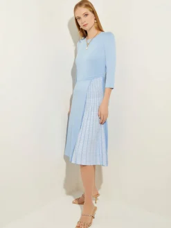 Pleated Contrast Panel Soft Knit Dress|Misook Outlet
