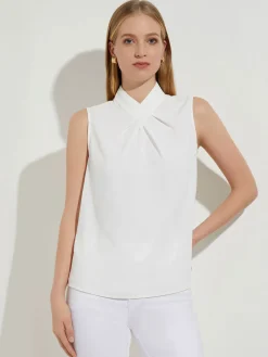 Pleated Crossover Collar Crepe de Chine Blouse|Misook Online