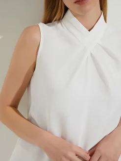 Pleated Crossover Collar Crepe de Chine Blouse|Misook Online