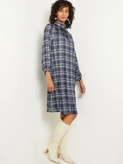 Pleated Mock Neck Crepe de Chine Printed A-Line Dress|Misook Fashion