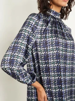 Pleated Mock Neck Crepe de Chine Printed A-Line Dress|Misook Fashion