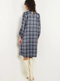 Pleated Mock Neck Crepe de Chine Printed A-Line Dress|Misook Fashion