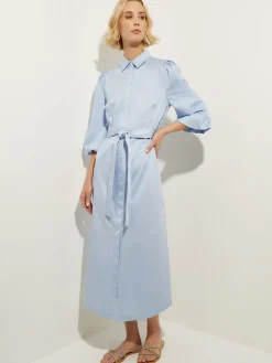 Puff Sleeve Cotton Midi Shirtdress|Misook Sale