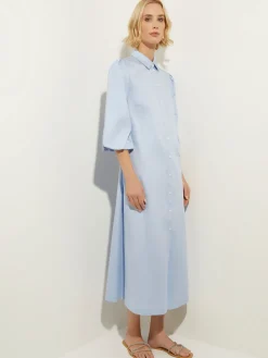 Puff Sleeve Cotton Midi Shirtdress|Misook Sale