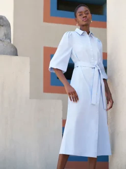 Puff Sleeve Cotton Midi Shirtdress|Misook Sale
