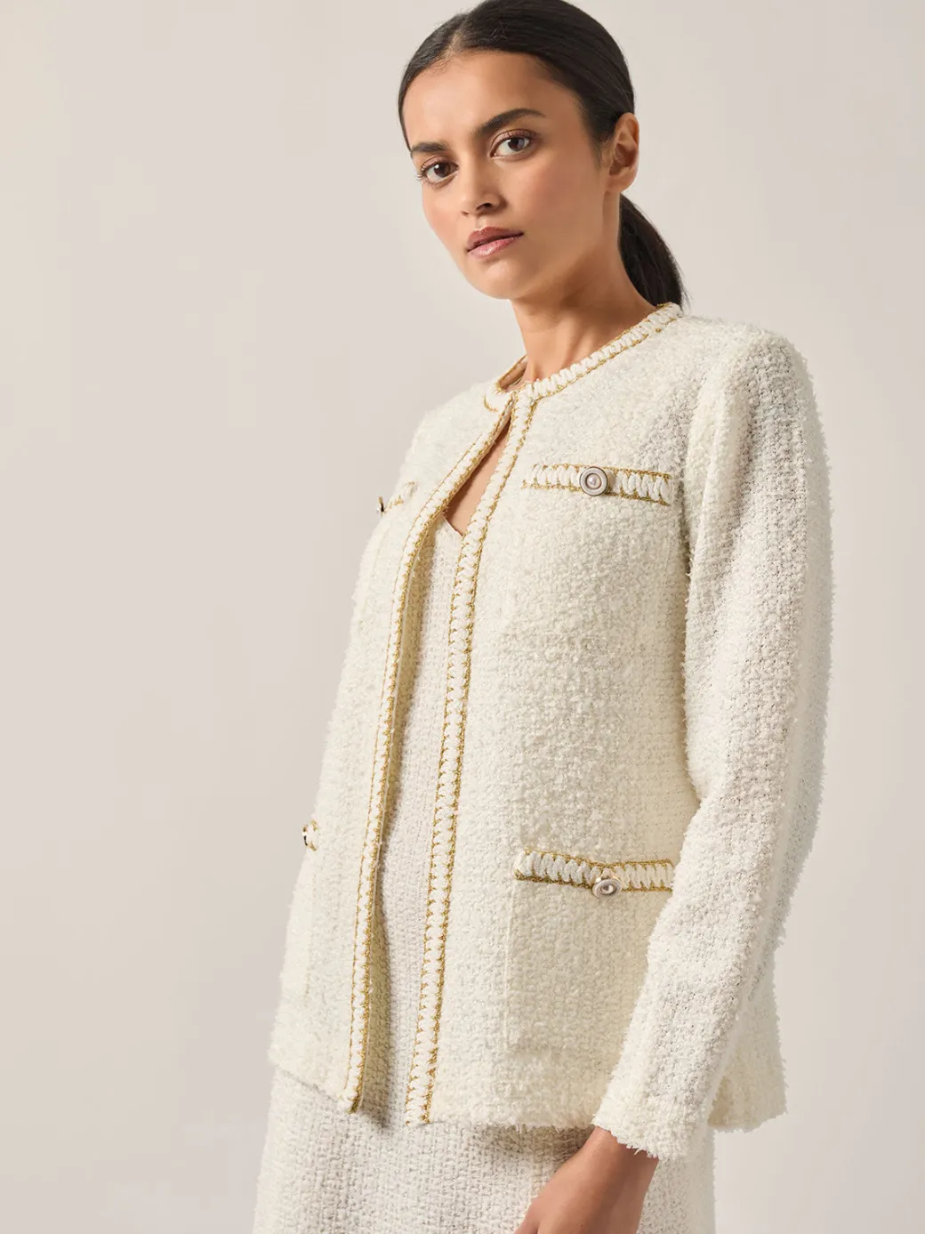 Relaxed Fit Boucle Lurex Crochet Trim Knit Jacket|Misook Sale