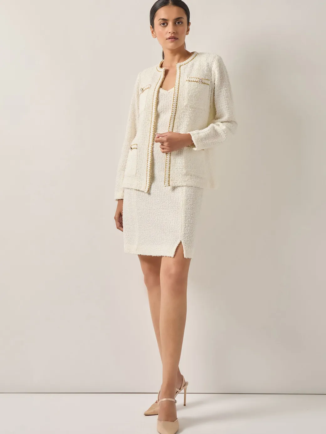 Relaxed Fit Boucle Lurex Crochet Trim Knit Jacket|Misook Sale