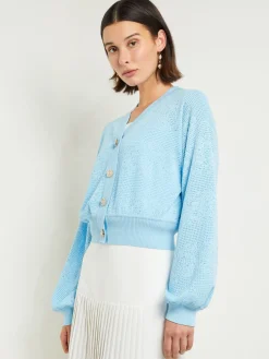 Relaxed Fit Button Front Jacket - Balloon Sleeve Soft Burnout Knit|Misook Discount