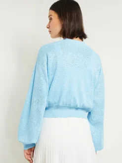 Relaxed Fit Button Front Jacket - Balloon Sleeve Soft Burnout Knit|Misook Discount