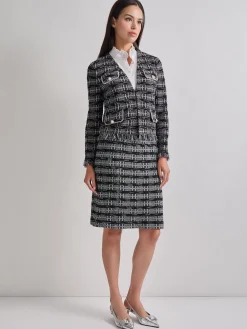 Rhinestone Accent Fringe Tweed Knit Jacket|Misook Discount