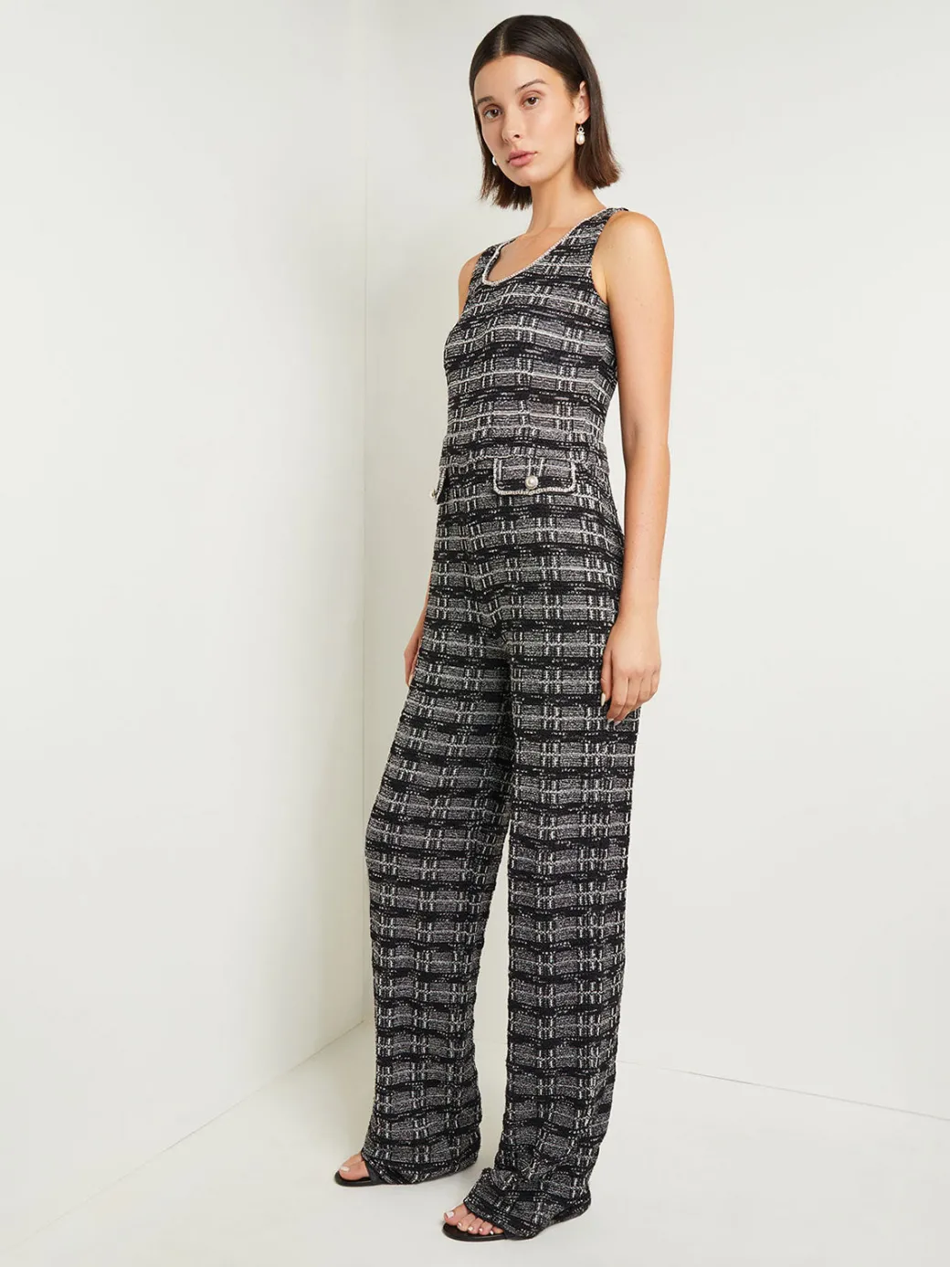 Rhinestone Accent Tweed Knit Jumpsuit|Misook Clearance