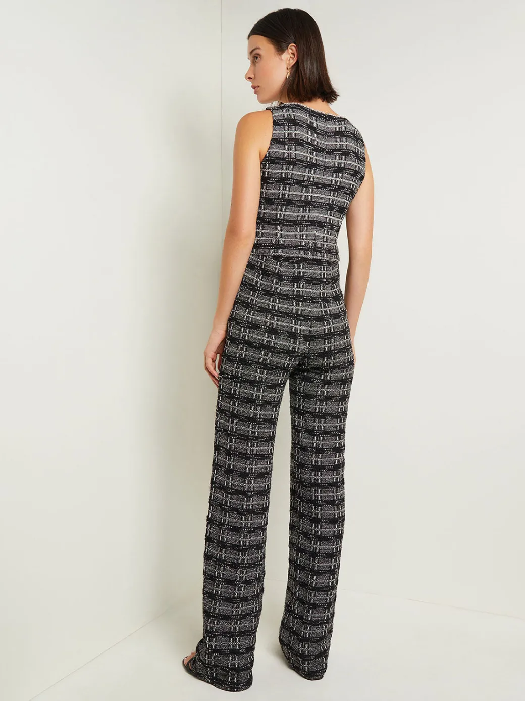 Rhinestone Accent Tweed Knit Jumpsuit|Misook Clearance
