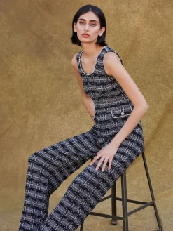Rhinestone Accent Tweed Knit Jumpsuit|Misook Clearance