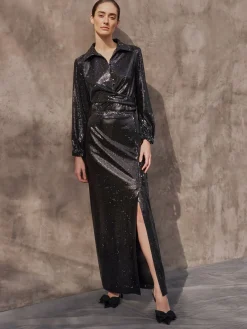 Sequin Novelty Woven Straight Maxi Skirt|Misook Hot