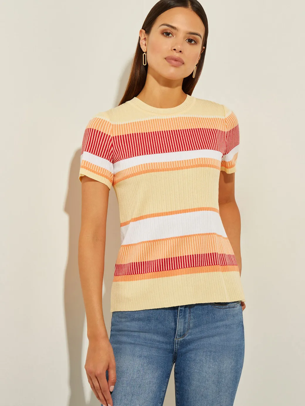 Short Sleeve Intarsia Striped Soft Knit Top|Misook Best