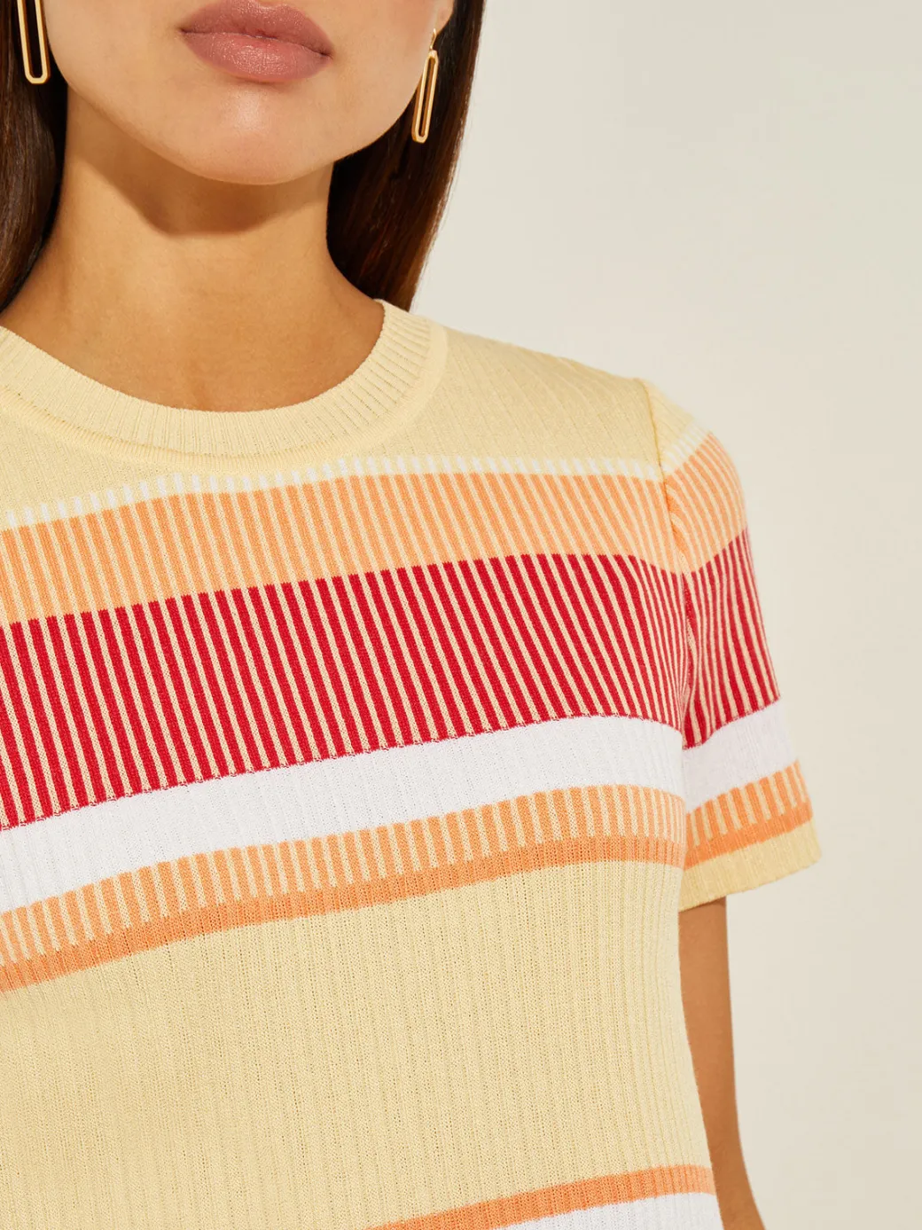 Short Sleeve Intarsia Striped Soft Knit Top|Misook Best