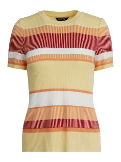 Short Sleeve Intarsia Striped Soft Knit Top|Misook Best