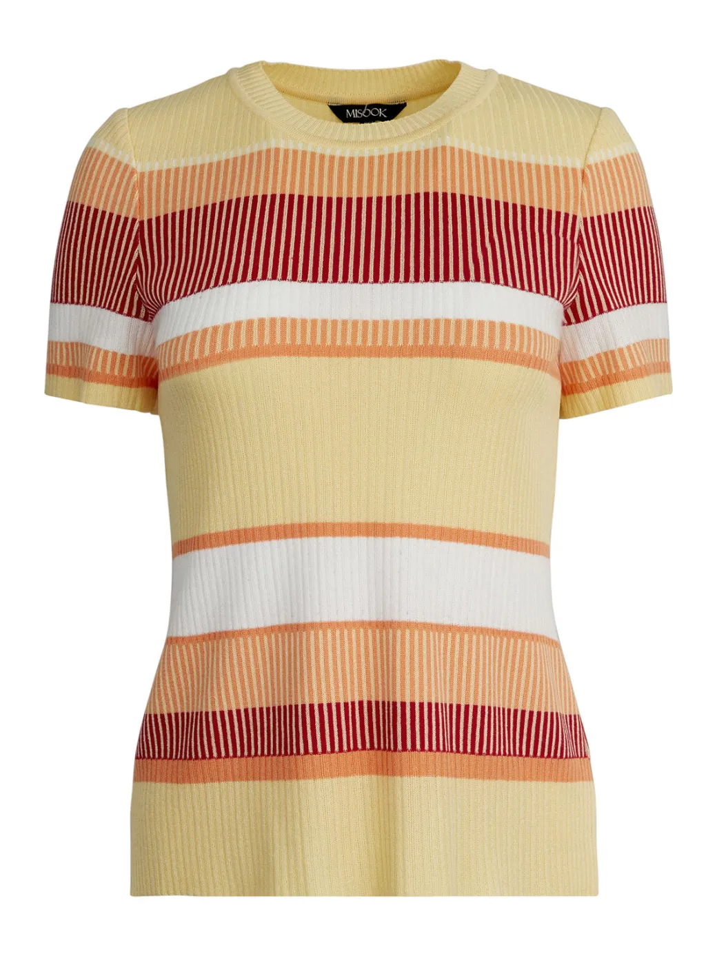Short Sleeve Intarsia Striped Soft Knit Top|Misook Best