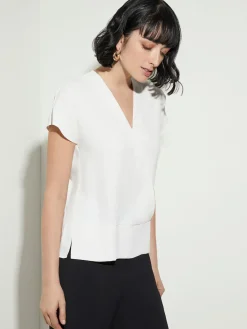 Short Sleeve V-Neck Crepe de Chine Blouse|Misook Fashion