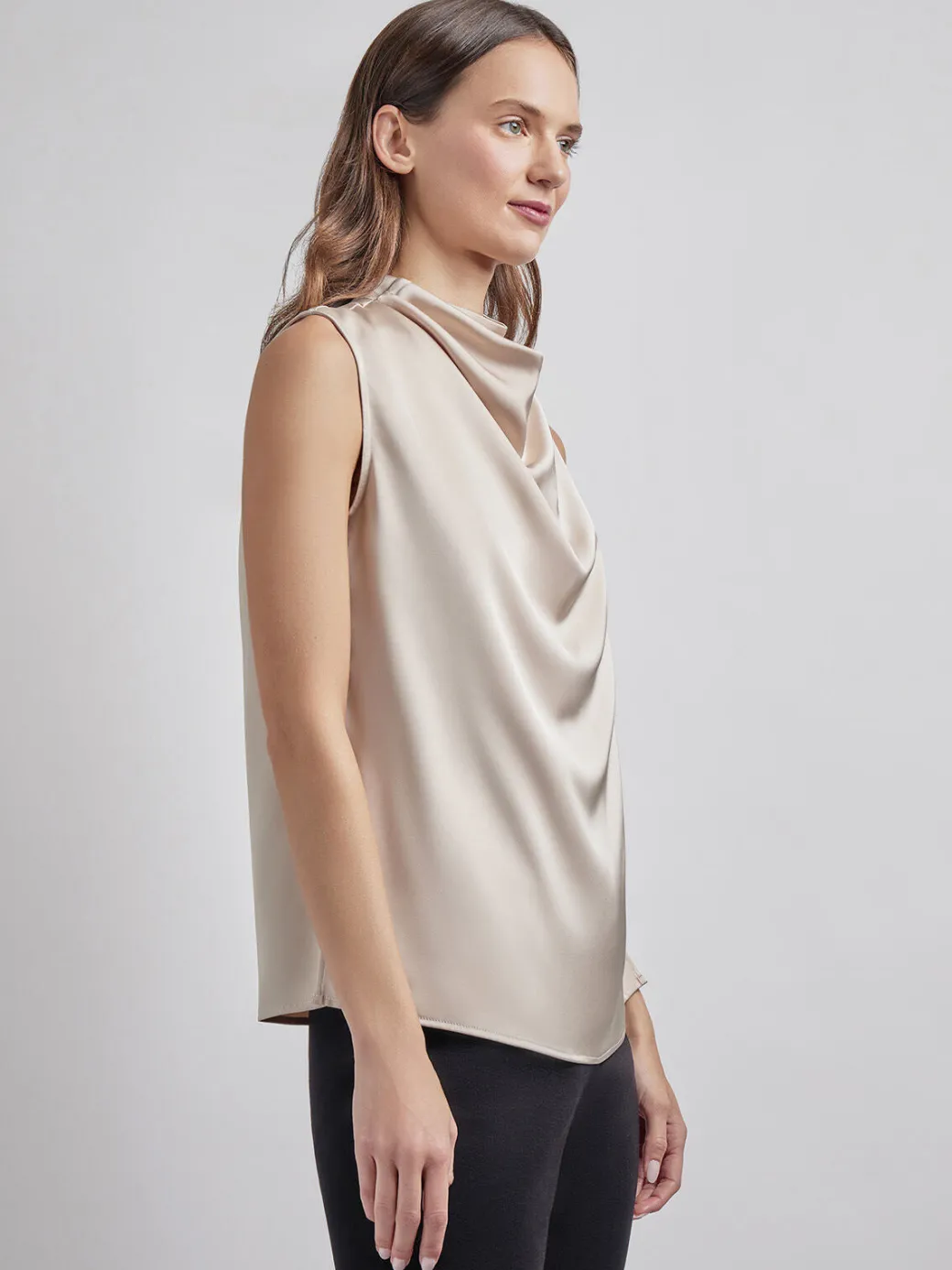 Sleeveless High Neck Draped Crepe de Chine Blouse|Misook New