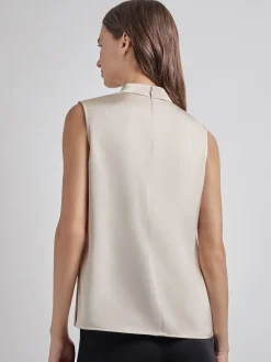 Sleeveless High Neck Draped Crepe de Chine Blouse|Misook New