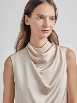 Sleeveless High Neck Draped Crepe de Chine Blouse|Misook New
