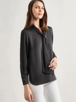 Solid Tie Neck Crepe de Chine Blouse|Misook Fashion