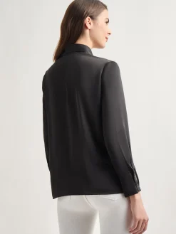 Solid Tie Neck Crepe de Chine Blouse|Misook Fashion