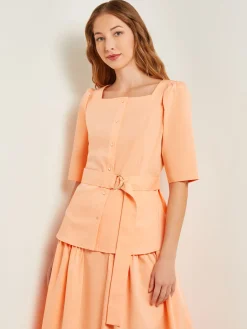 Square Neck Button Front Blouse - Belted Faux Cupro Silk|Misook Hot