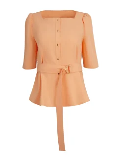 Square Neck Button Front Blouse - Belted Faux Cupro Silk|Misook Hot
