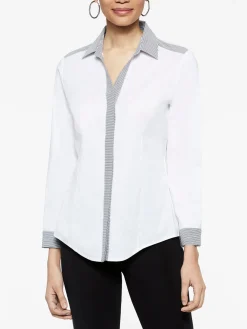Stripe Trim Stretch Cotton Button-Up Shirt|Misook Best