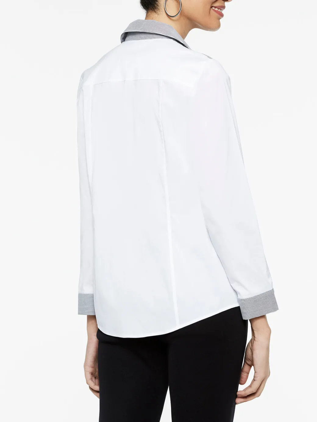 Stripe Trim Stretch Cotton Button-Up Shirt|Misook Best