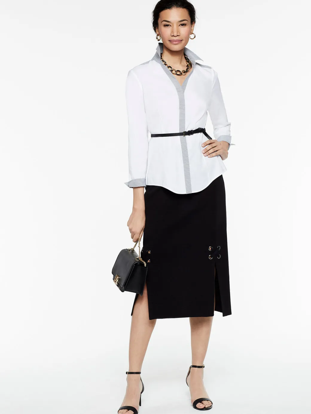 Stripe Trim Stretch Cotton Button-Up Shirt|Misook Best