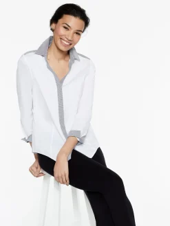 Stripe Trim Stretch Cotton Button-Up Shirt|Misook Best