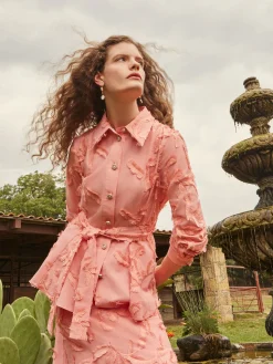 Tailored Fit Button Front Jacket - Belted Fringe Applique Cotton|Misook Online