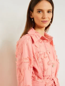 Tailored Fit Button Front Jacket - Belted Fringe Applique Cotton|Misook Online