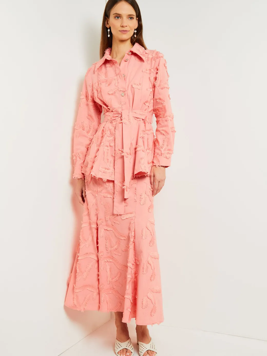 Tailored Fit Button Front Jacket - Belted Fringe Applique Cotton|Misook Online