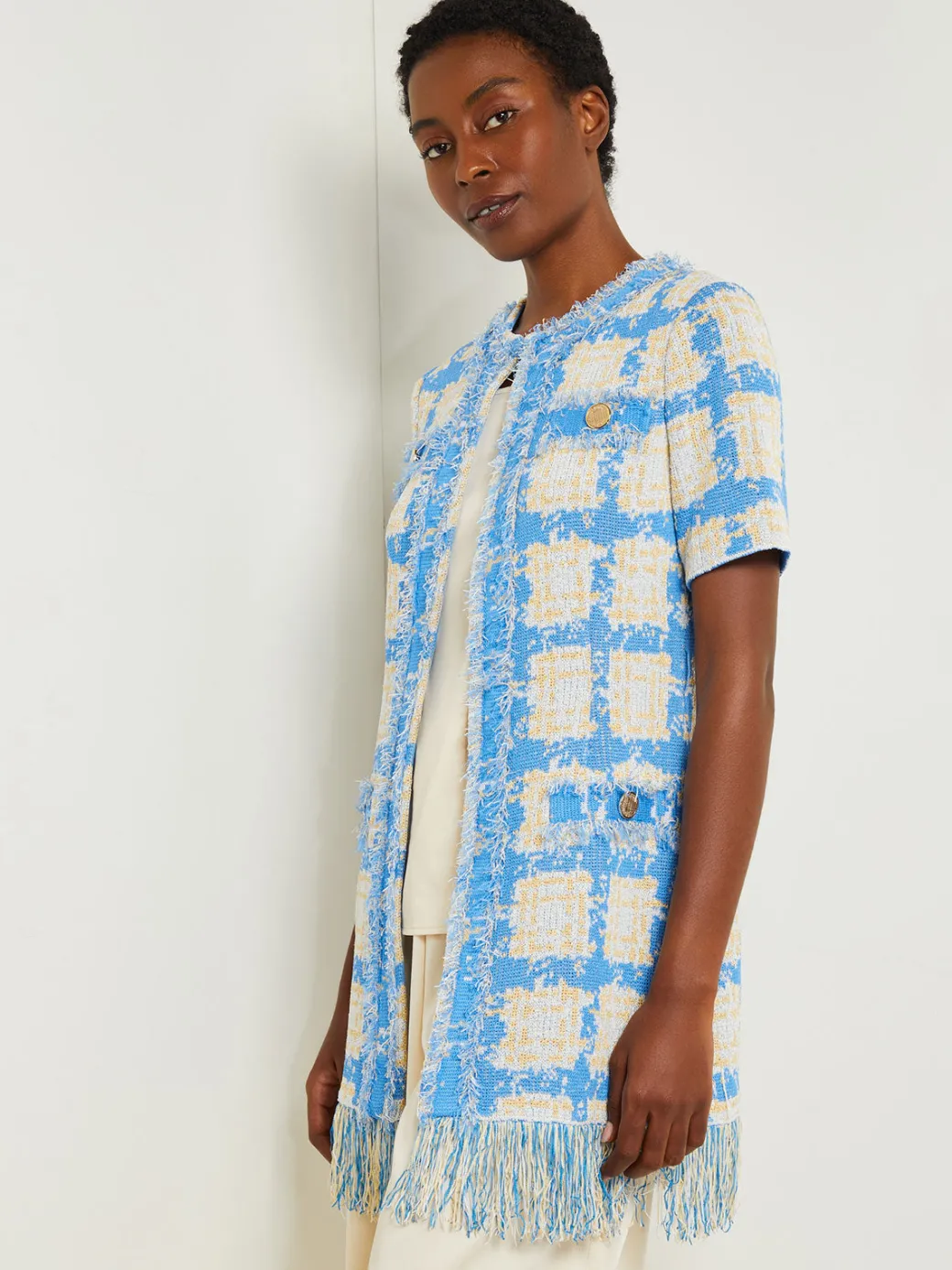 Tailored Fit Jacket - Windowpane Tweed Knit|Misook Fashion