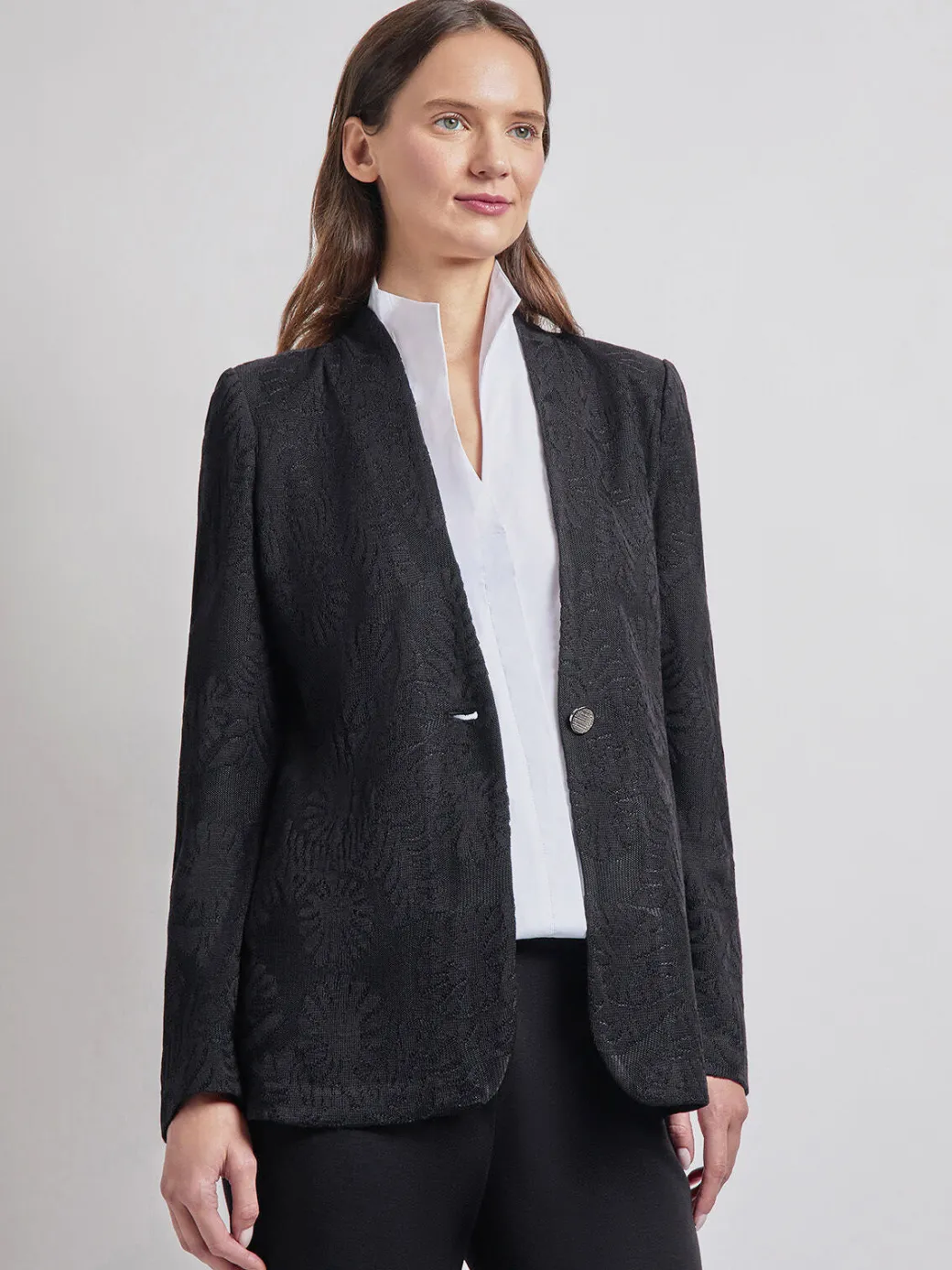 Tailored Fit One-Button Jacquard Knit Jacket|Misook Outlet