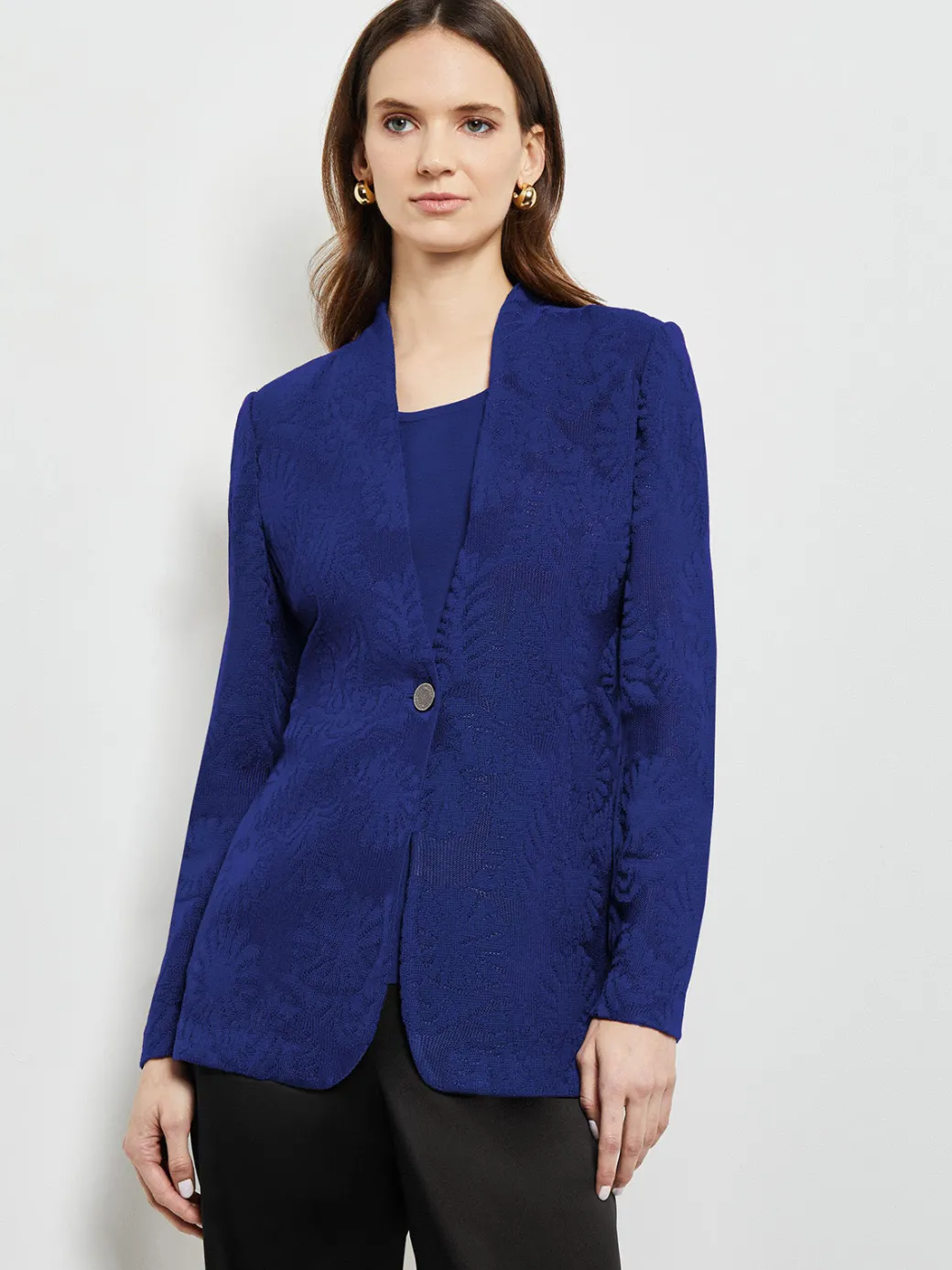 Tailored Fit One-Button Jacquard Knit Jacket|Misook Outlet