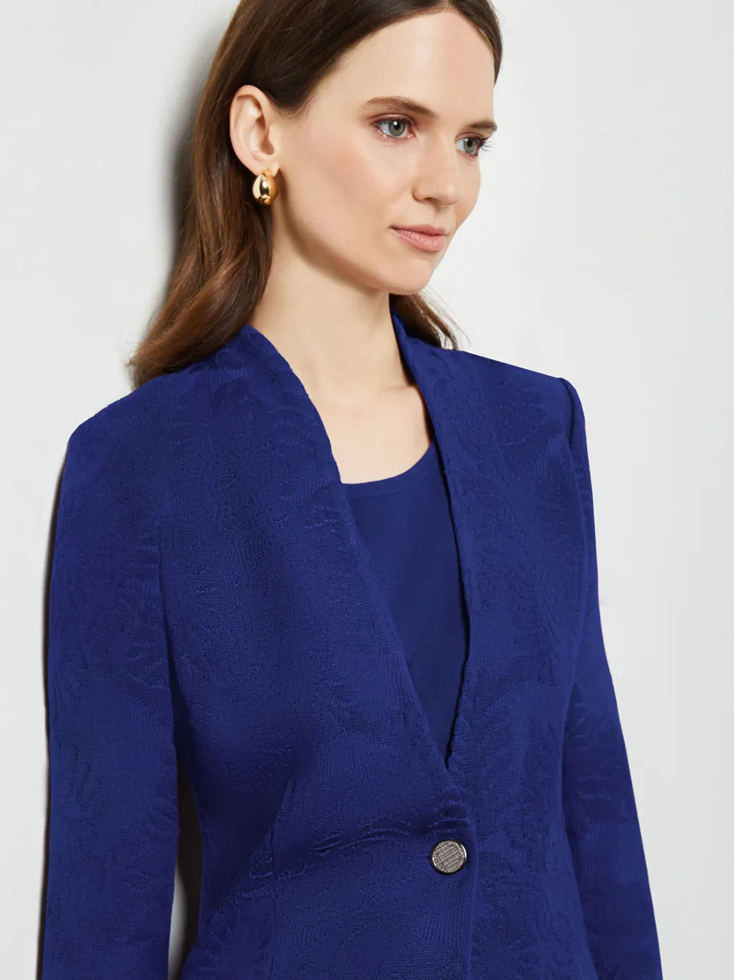 Tailored Fit One-Button Jacquard Knit Jacket|Misook Outlet